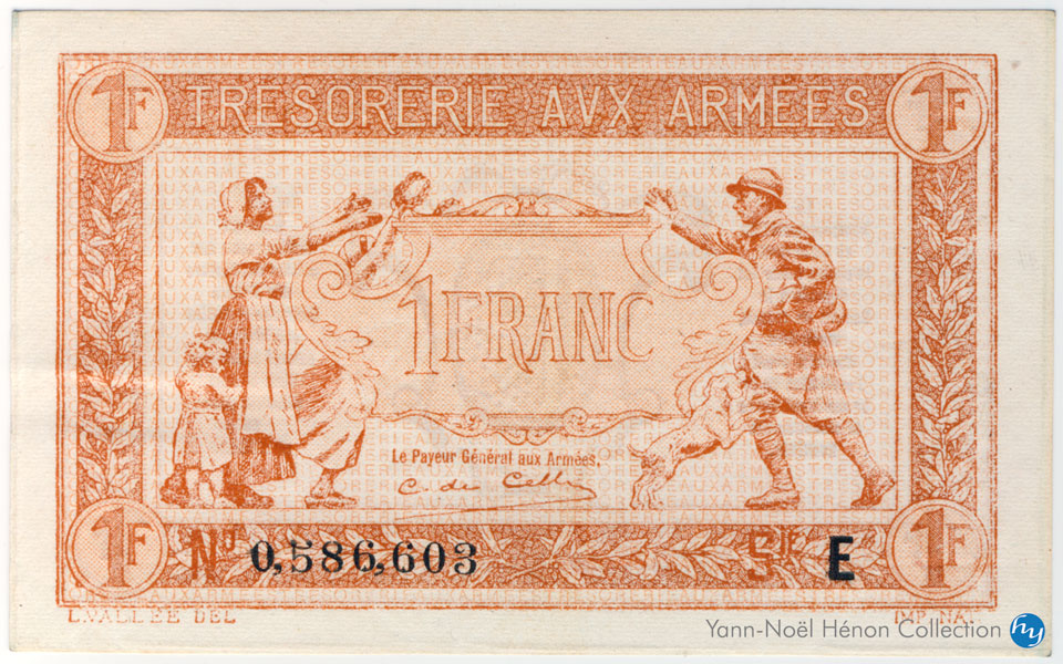 1 Franc Trésorerie aux armées Type 1917, Lettre E, © Photo cgb.fr - French Banknotes Of War (FBOW)