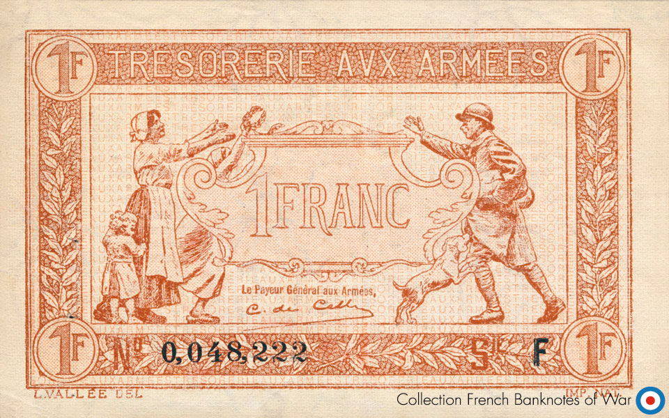 1 Franc Trésorerie aux armées Type 1917, Lettre F, © Photo cgb.fr - French Banknotes Of War (FBOW)