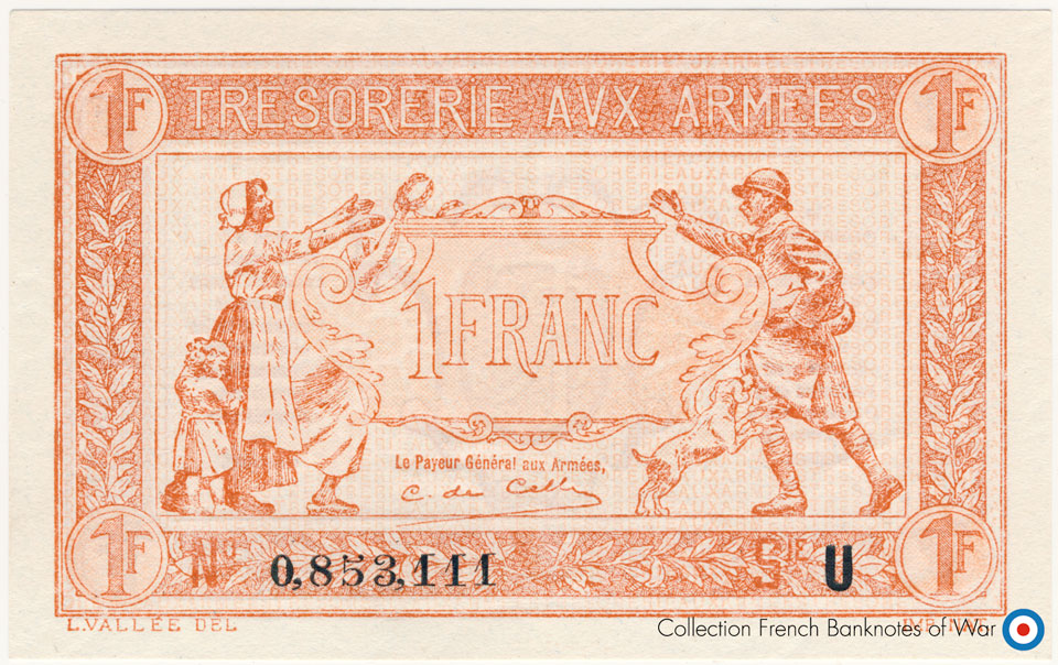 1 Franc Trésorerie aux armées Type 1919, Lettre U, © Photo Vinchon Numismatique - French Banknotes Of War (FBOW)