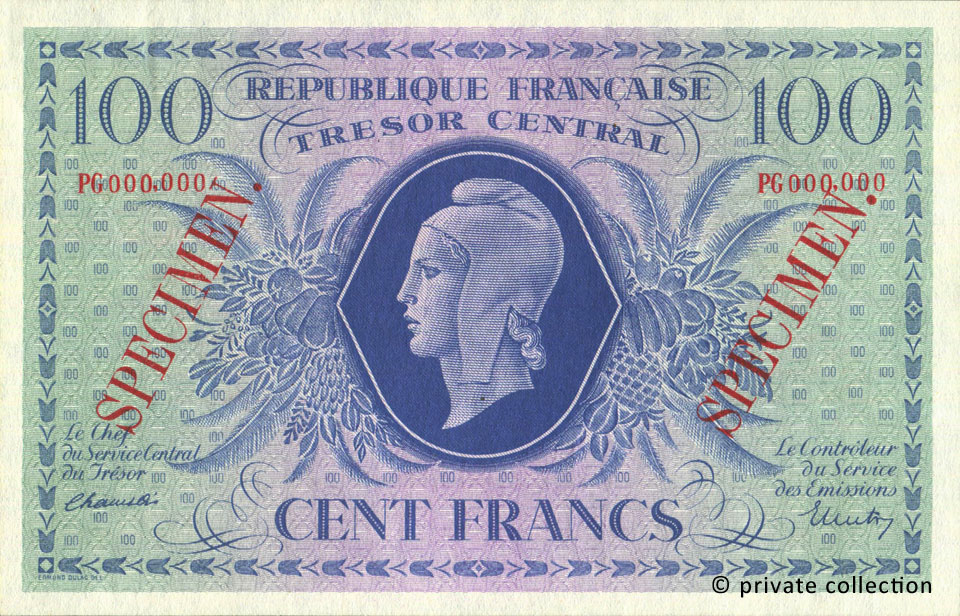 100 Francs Marianne Type 1943 Specimen, © Photo World War II Remembered - French Banknotes Of War (FBOW)