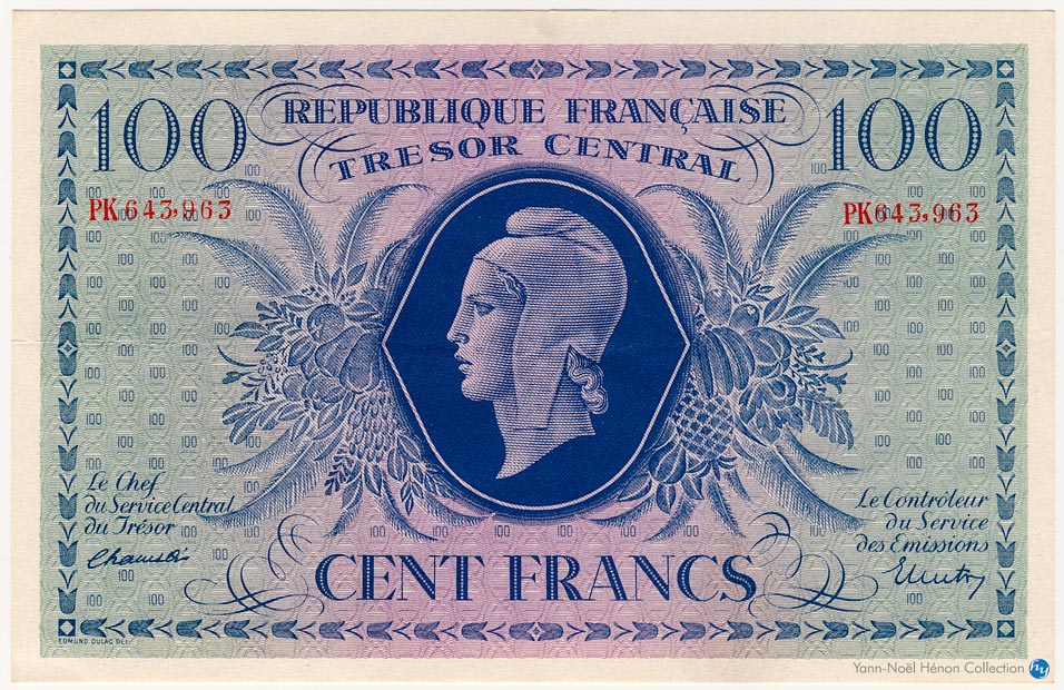 100 Francs Marianne Type 1943, Lettre PK, © Photo French Banknotes Of War (FBOW)