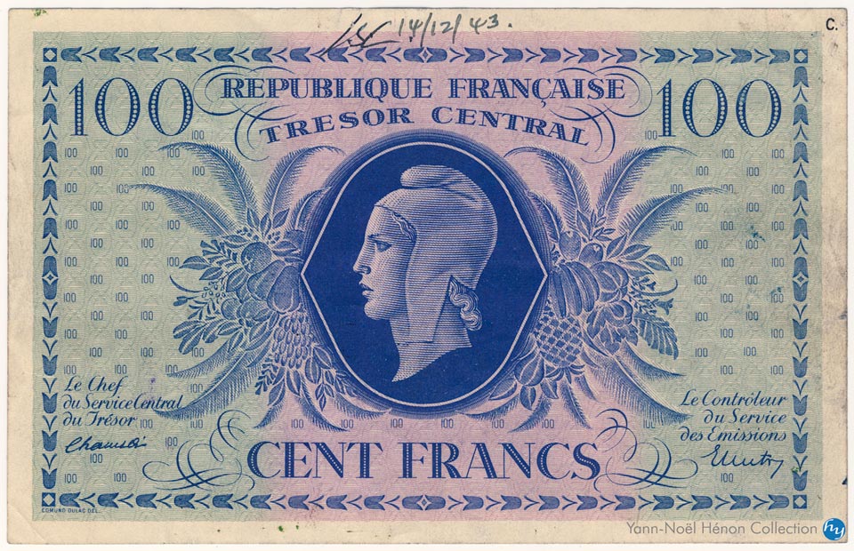 100 Francs Marianne Type 1943 without numbers, © Photo French Banknotes Of War (FBOW)