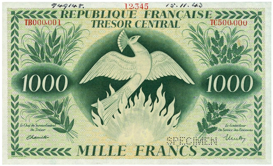 1000 Francs Phoenix Type 1943, © Photo Spink ; French Banknotes Of War (FBOW)