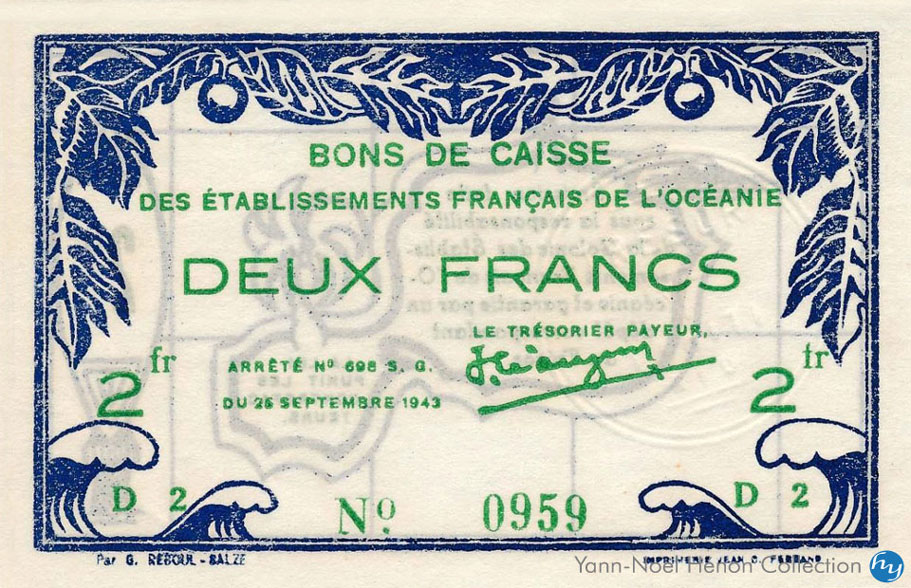 2 Francs Tahiti 1943, French Oceania. Pick12c  © French Banknotes Of War (FBOW)