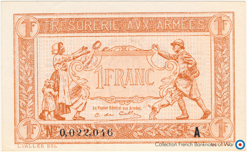 1 Franc Trésorerie aux armées Type 1917, Lettre A, © French Banknotes Of War (FBOW)