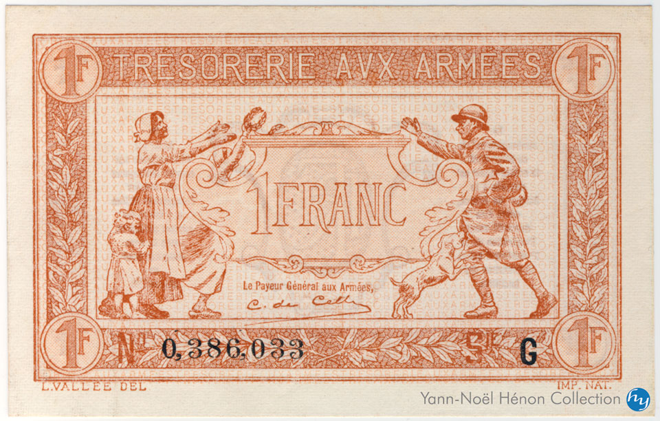 1 Franc Trésorerie aux armées Type 1917, Lettre G, © Photo cgb.fr - French Banknotes Of War (FBOW)