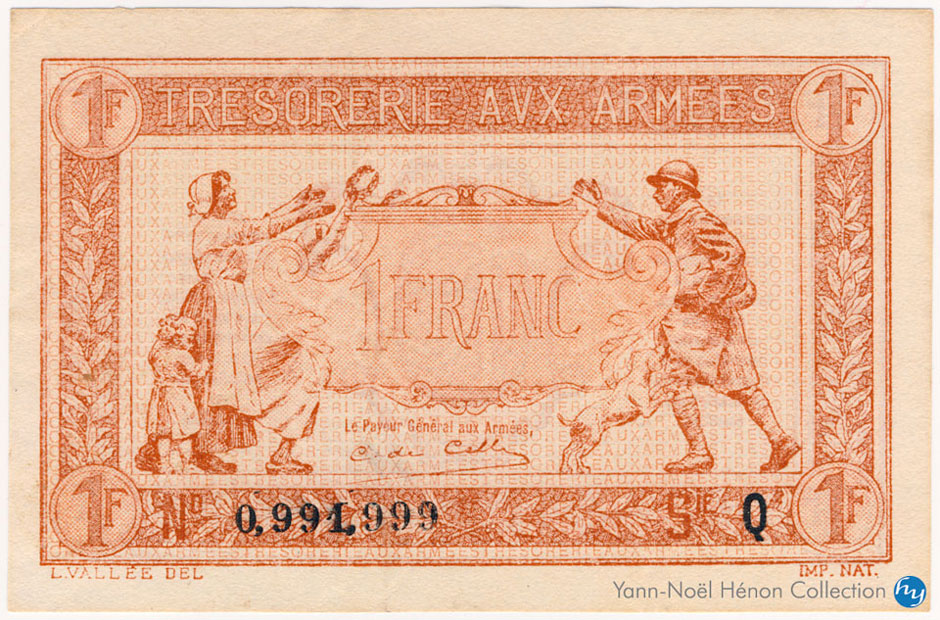 1 Franc Trésorerie aux armées Type 1919, Lettre Q, © Photo French Banknotes Of War (FBOW)
